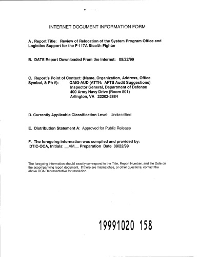 ﻿بررسی جابجایی دفتر برنامه سیستم و پشتیبانی لجستیک برای جنگنده پنهانکار F-117A