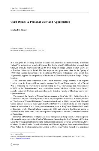 Cyril Domb: دیدگاه شخصی و قدردانی