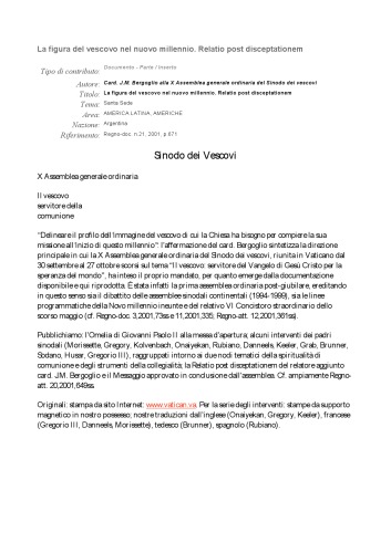 شکل اسقف در هزاره جدید. Relatio post discceptationem در مجمع عمومی معمولی X سینود اسقفها