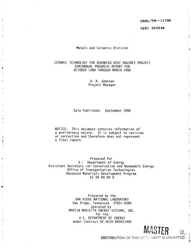 فناوری سرامیک برای موتورهای حرارتی پیشرفته [prog rpt اکتبر 89 - مارس 90]