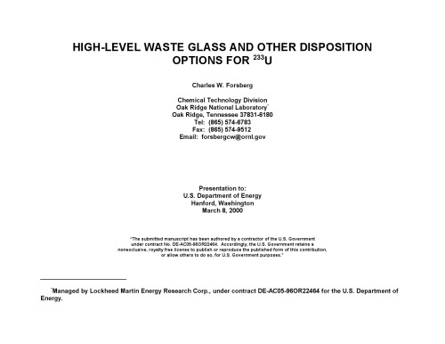 ﻿شیشه های باطله سطح بالا، گزینه های دیگر برای دفع U-233 [پیش. اسلایدها]