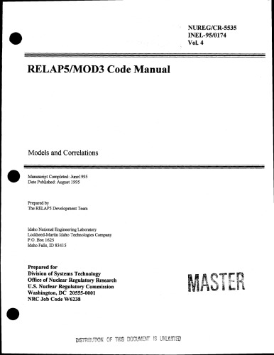 ﻿کتابچه راهنمای کد RELAP5 MOD 3 جلد 4 - [مدل‌ها، همبستگی‌ها] - US NRC