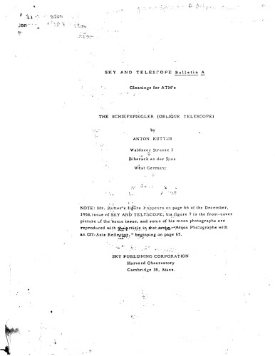 بولتن آسمان و تلسکوپ A (ساختمان تلسکوپ Schiefspiegler)