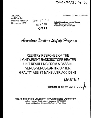 پاسخ Reentry از واحد بخاری رادیوایزوتوپ سبک ناشی از تصادف مانور کمک گرانشی Cassini Venus-Venus-Earth-Jupiter