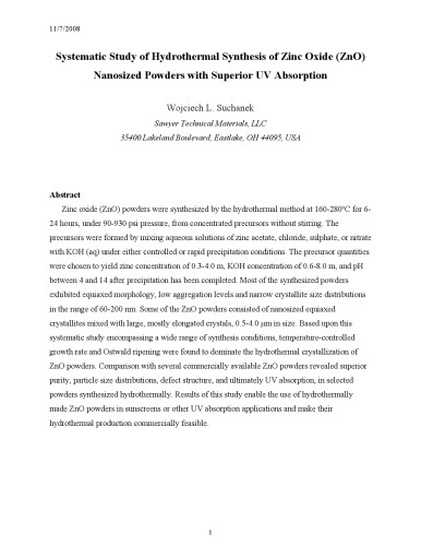 ﻿مطالعه سیستماتیک تبلور هیدروترمال پودرهای نانو اکسید روی (ZnO) با تضعیف UV برتر