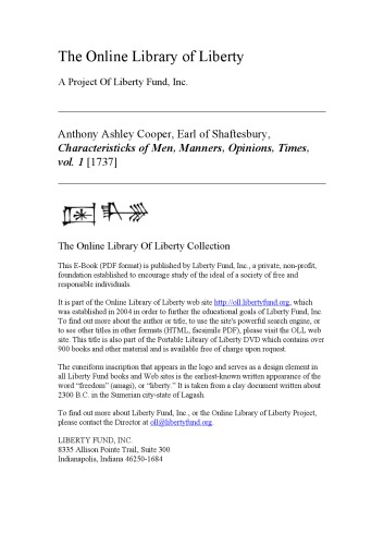 ﻿خصوصیات مردان، سیره، آراء، زمان در سه جلد. توسط حق محترم آنتونی، ارل شفتسبری.