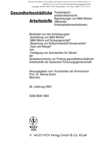 ﻿Gesundheitsschadliche Arbeitsstoffe: Toxikologisch-arbeitsmedizinische Begrundungen von MAK-Werten. 39. لیفرونگ