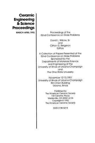 Proceedings of the 52nd Conference on Glass Problems: Ceramic Engineering and Science Proceedings, Volume 13, Issue 3/4