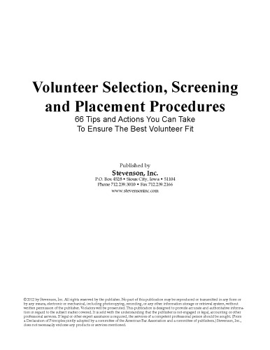 Volunteer Selection, Screening and Placement Procedures: 66 Tips and Actions You can Take to Ensure the Best Volunteer Fit