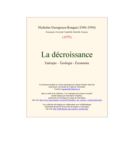 La decroissance - Entropie, écologie, économie