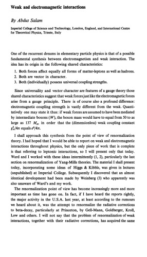 Abdus Salam - Weak and Electromagnetic Interactions. Published in Elementary Particle Theory: Proceedings of the 8th Nobel Symposium