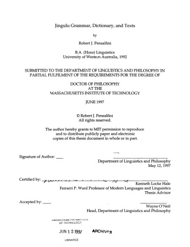 Jingulu grammar, dictionary, and texts