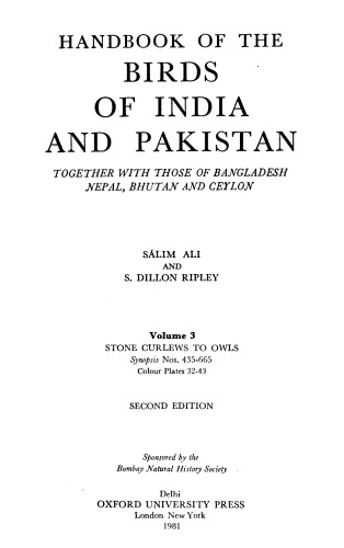 Handbook of the Birds of India and Pakistan: Stone Curlews to Owls