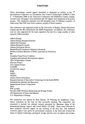 Greenhouse Gas Control Technologies 7. Proceedings of the 7th International Conference on Greenhouse Gas Control Technologies 5– September 2004, Vancouver, Canada