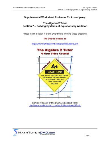 Algebra 2 Tutor Companion Worksheet CD