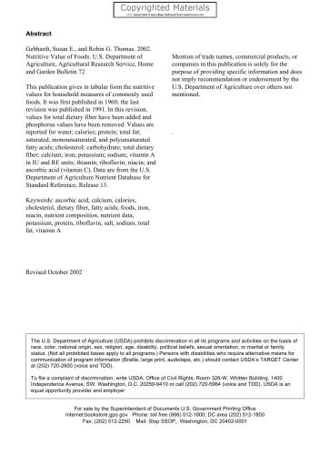 Nutritive Value of Foods, Home and Garden Bulletin No. 72 (HG-72)