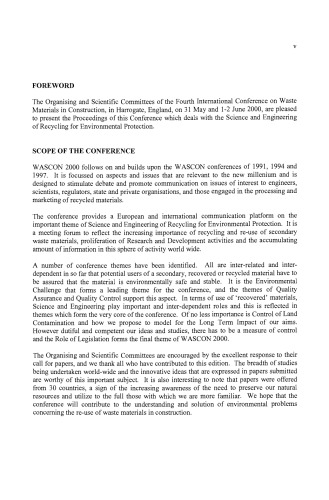 Waste Materials in Construction Wascon 2000Proceedings of the International Conference on the Science and Engineering of Recycling for Environmental Protection, Harrogate, England 31 May, 1–2 June 2000