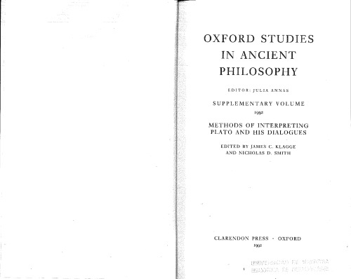 Oxford Studies in Ancient Philosophy: Supplementary Volume 1992: Methods of Interpreting Plato and His Dialogues