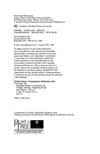 Managing Mergers Acquisitions and Strategic Alliances. Integrating People and Cultures