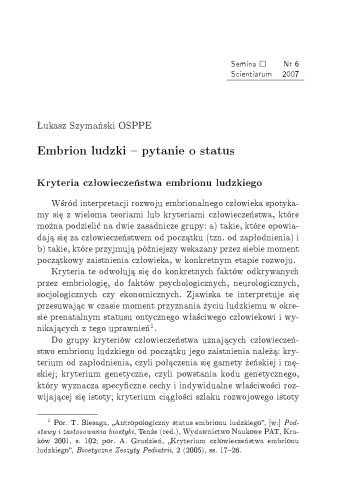 Embrion ludzki - pytanie o status Human Embryo Status