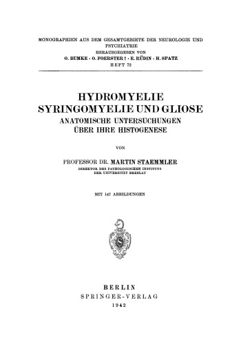 Hydromyelie Syringomyelie und Gliose: Anatomische Untersuchungen über Ihre Histogenese Heft 72