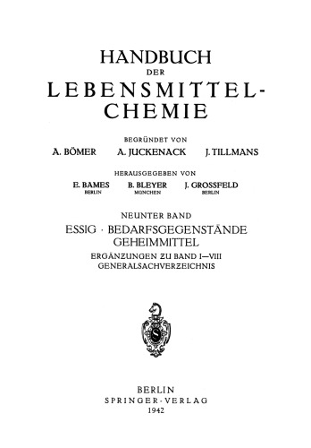Essig Bedarfsgegenstände Geheimmittel: Ergänzungen zu Band I–VIII Generalsachverzeichnis