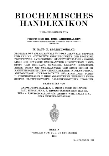 Biochemisches Handlexikon: IX. Band (2. Ergänzungsband)