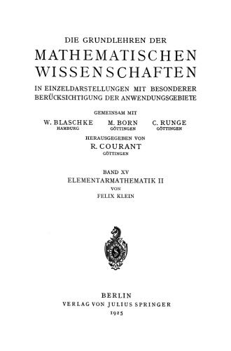 Elementarmathematik vom Höheren Standpunkte Aus: Geometrie