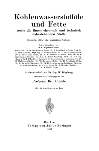 Kohlenwasserstofföle und Fette: sowie die ihnen chemisch und technisch nahestehenden Stoffe