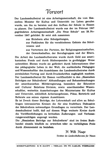 Grundsätzliches zur Demokratisierung des deutschen Bildungswesens: Ein Beitrag zur hessischen Schulreform von der Education and Cultural Relations Division der Militärregierung in Hessen