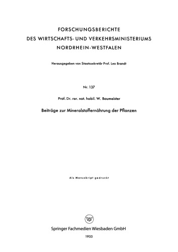 Beiträge zur Mineralstoffernährung der Pflanzen