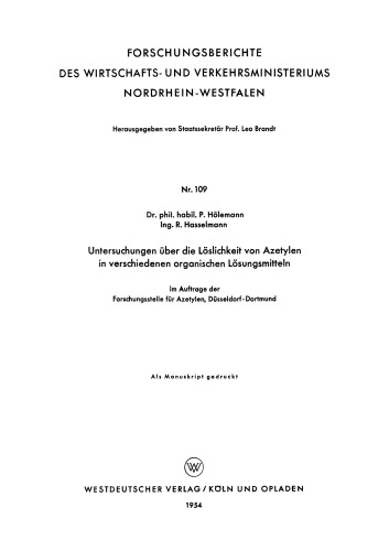 Untersuchungen über die Löslichkeit von Azetylen in verschiedenen organischen Lösungsmitteln