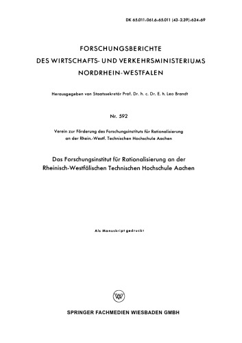 Das Forschungsinstitut für Rationalisierung an der Rheinisch-Westfälischen Technischen Hochschule Aachen