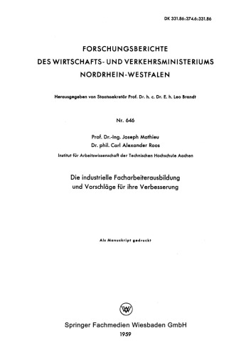 Die industrielle Facharbeiterausbildung und Vorschläge für ihre Verbesserung