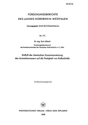 Einfluß der chemischen Zusammensetzung des Anmachewassers auf die Festigkeit von Kalkmörteln