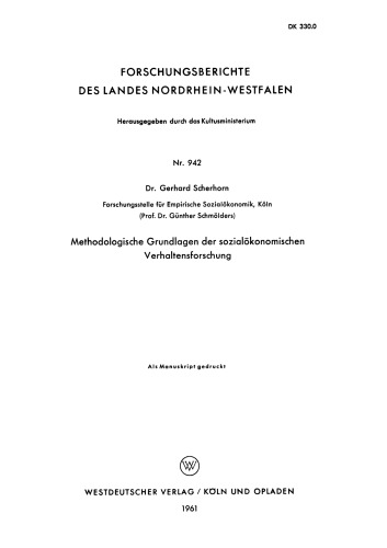 Methodologische Grundlagen der sozialökonomischen Verhaltensforschung