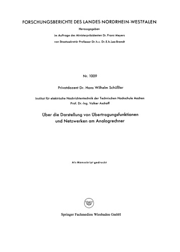 Über die Darstellung von Übertragungsfunktionen und Netzwerken am Analogrechner