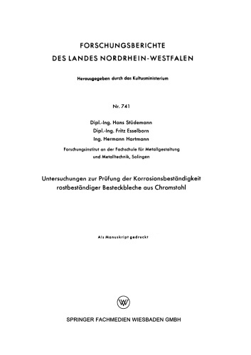Untersuchungen zur Prüfung der Korrosionsbeständigkeit rostbeständiger Besteckbleche aus Chromstahl