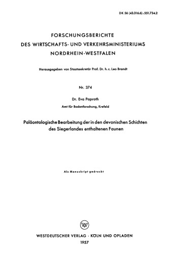 Paläontologische Bearbeitung der in den devonischen Schichten des Siegerlandes enthaltenen Faunen