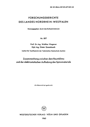 Zusammenhang zwischen dem Raumklima und der elektrostatischen Aufladung des Spinnmaterials