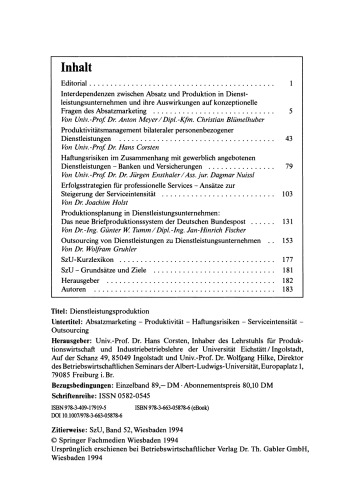 Dienstleistungsproduktion: Absatzmarketing — Produktivität — Haftungsrisiken — Serviceintensität — Outsourcing