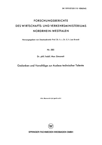 Gedanken und Vorschläge zur Auslese technischer Talente