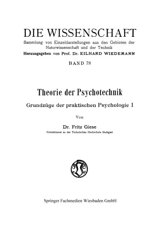 Theorie der Psychotechnik: Grundzüge der praktischen Psychologie I