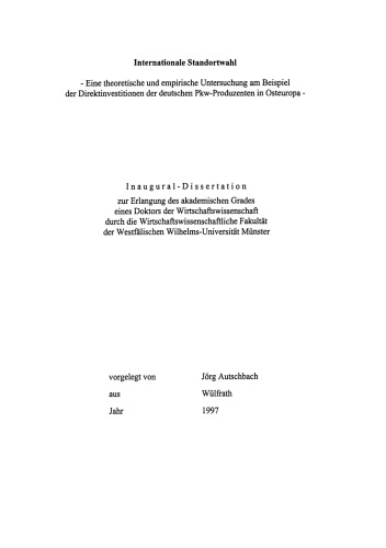Internationale Standortwahl: Direktinvestitionen der deutschen Automobilindustrie in Osteuropa