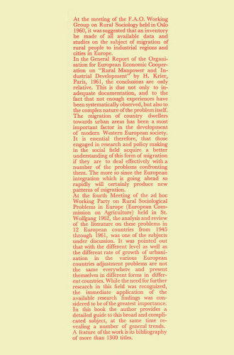 Rural Migrants in Urban Setting: An Analysis of the Literature on the Problem Consequent on the Internal Migration from Rural to Urban Areas in I2 European Countries (1945–1961)