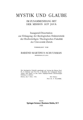Mystik und Glaube im Zusammenhang mit der Mission auf Java: Inaugural-Dissertation zur Erlangung der theologischen Doktorwürde der Hochwürdigen Theologischen Fakultät der Universität Zürich