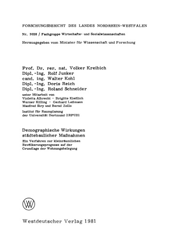 Demographische Wirkungen städtebaulicher Maßnahmen: Ein Verfahren zur kleinräumlichen Bevölkerungsprognose auf der Grundlage der Wohnungsbelegung