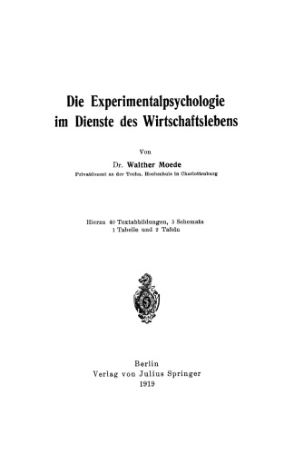 Die Experimentalpsychologie im Dienste des Wirtschaftslebens