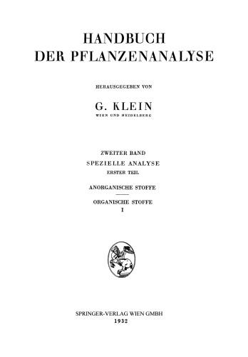 Spezielle Analyse: Erster Teil Anorganische Stoffe Organische Stoffe I