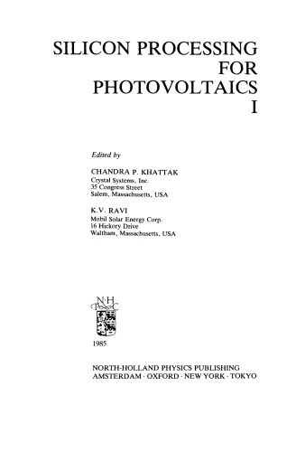 Silicon Processing for Photovoltaics I
